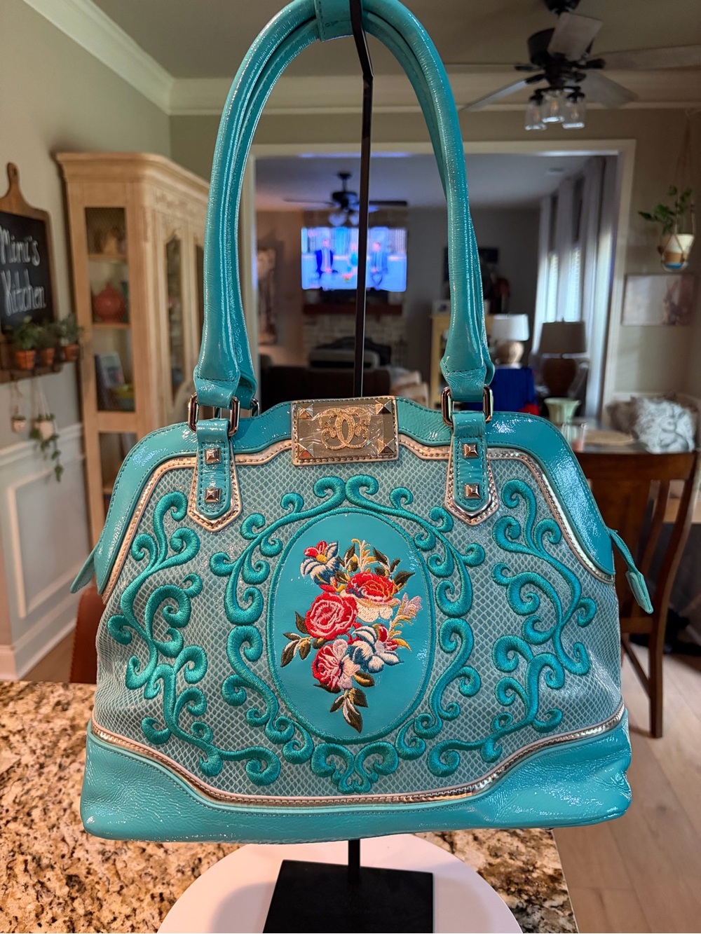 Sharif Turquoise Floral Embroidered Satchel with Scrollwork